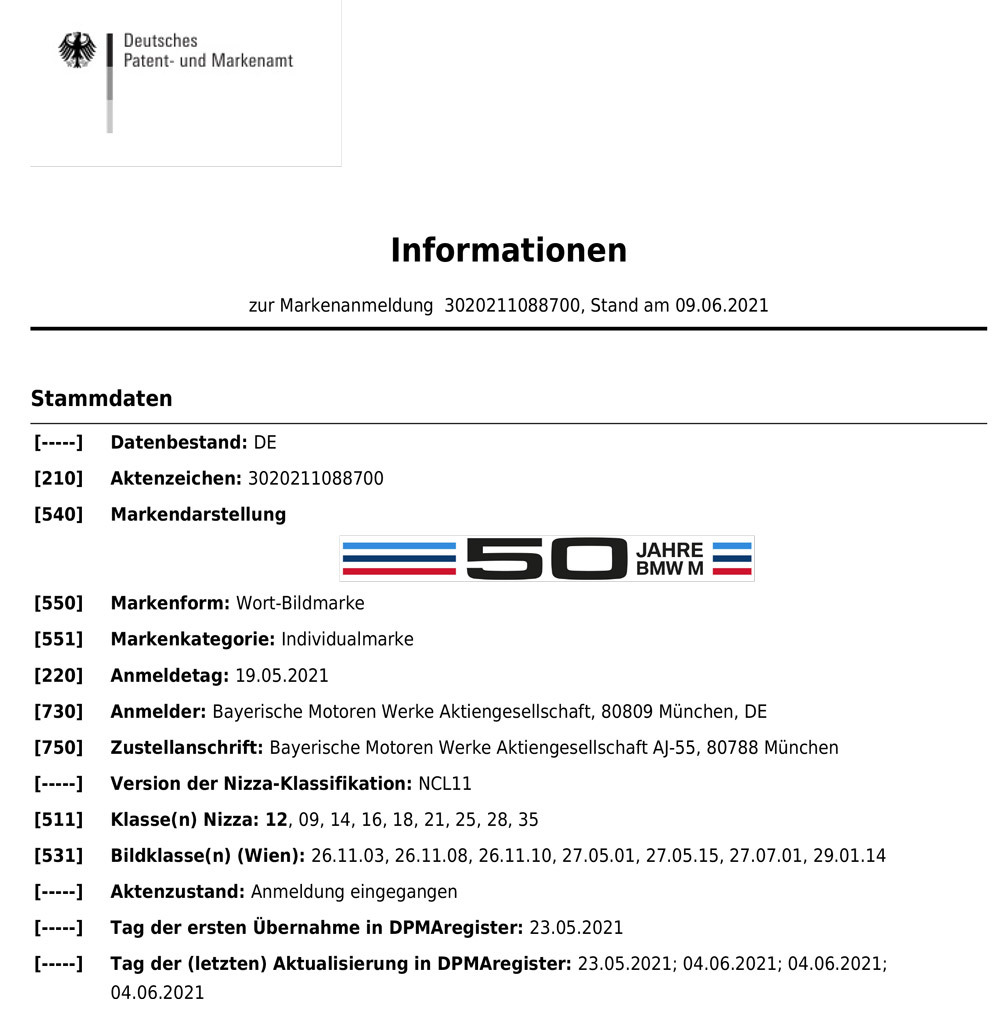 「50 JAHRE BMW M（宝马M 50周年）」商标